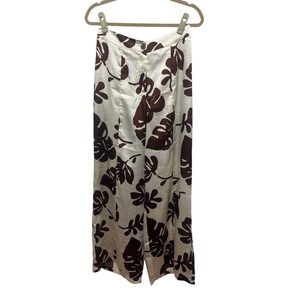 Forever 21 Wide Leg Chocolate Brown White Leaf Print Resort Pool Glam Pants L